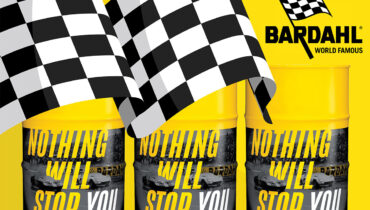 A graphic design of three Bardahl oil drums on a yellow background with a large chequered flag waving above them.