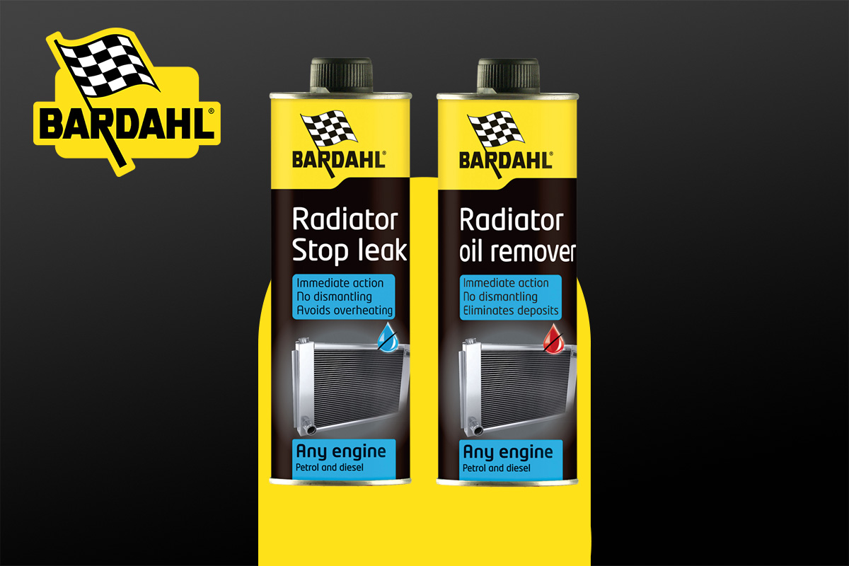 Bardahl's two radiator additives on a black and yellow background.