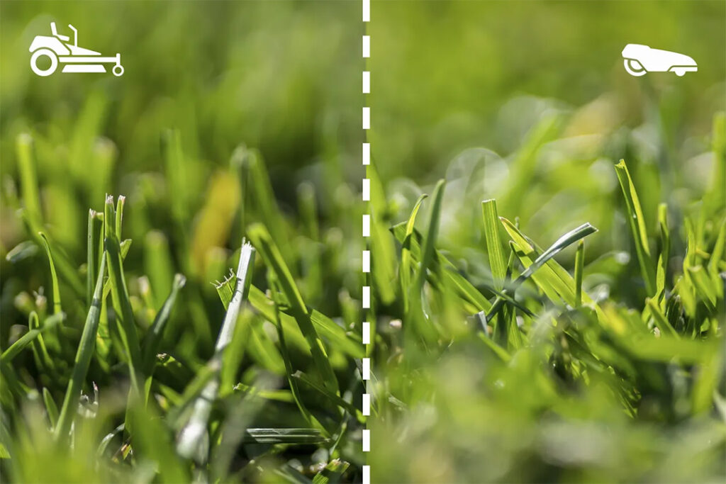 A comparitive image between the cuts on grass between an Automower and a ride-on mower.