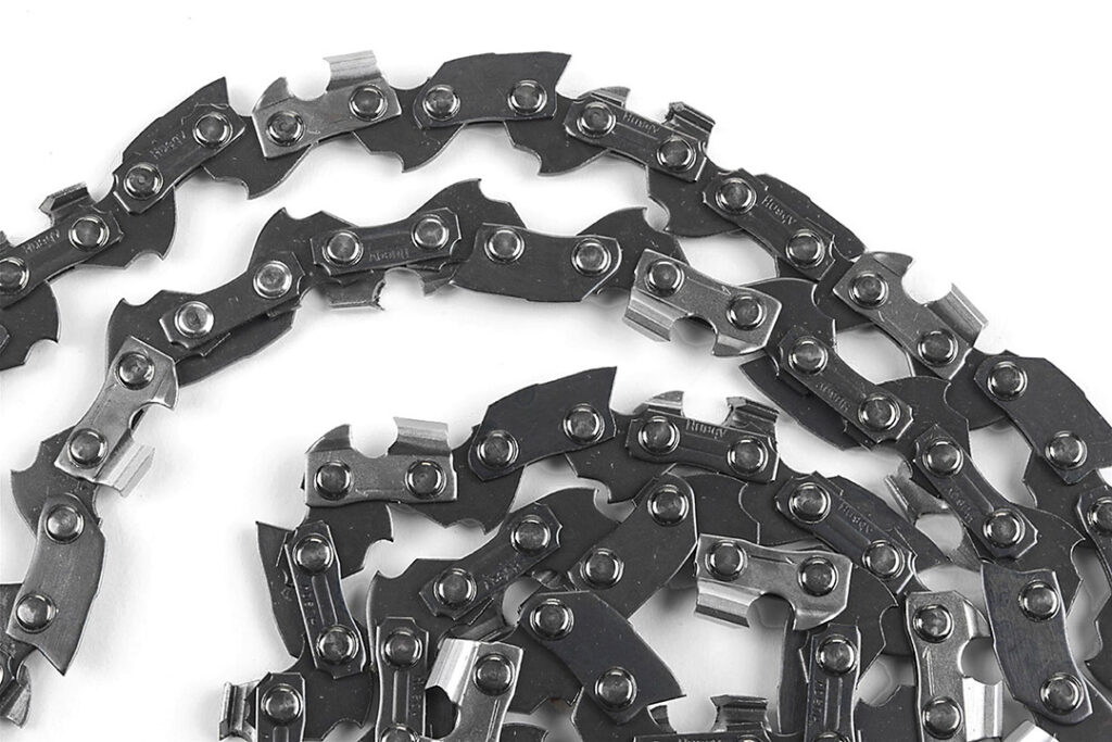 A close-up of a Husqvarna chain for a chainsaw