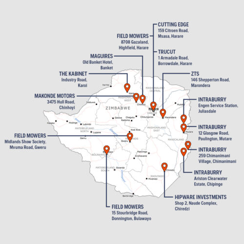 Map of sales dealers for Husqvarna in Zimbabwe.