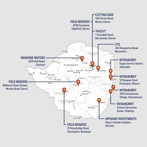 Map of servicing dealers for Husqvarna in Zimbabwe