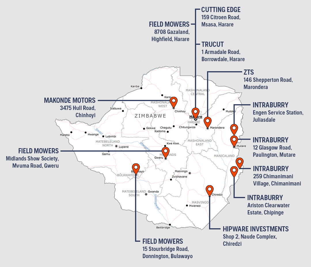 Service-Dealer-Map Map of servicing dealers for Husqvarna in Zimbabwe
