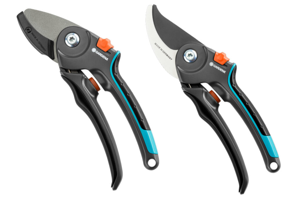 Two pairs of GARDENA secateurs; a Comfort Anvil and a Comfort Bypass.
